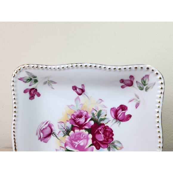 Square Bowl Floral Design Pink Roses 8 1/4" Porcelain Gold Trim Japan Vintage - Picture 6 of 10